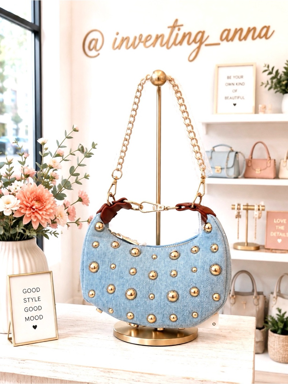 LE MIEL Light Wash Denim Gold Studded Mini Bag w/Crossbody Chain Vegan PU